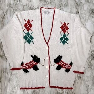 Preppy Scottie Dog Vintage Cardigan Sz M Vintage 80s 90s Argyle Holiday Puppy